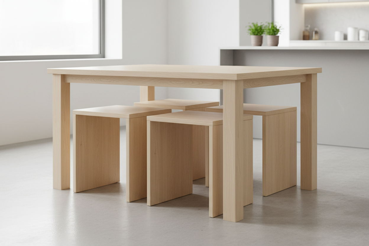 simple kitchen table made of mdf wood with 4 chairs without back that can fit in the table to save space